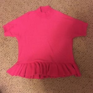 Hot pink Elle oversized mock neck shirt sleeve knit sweater with peplum flounce